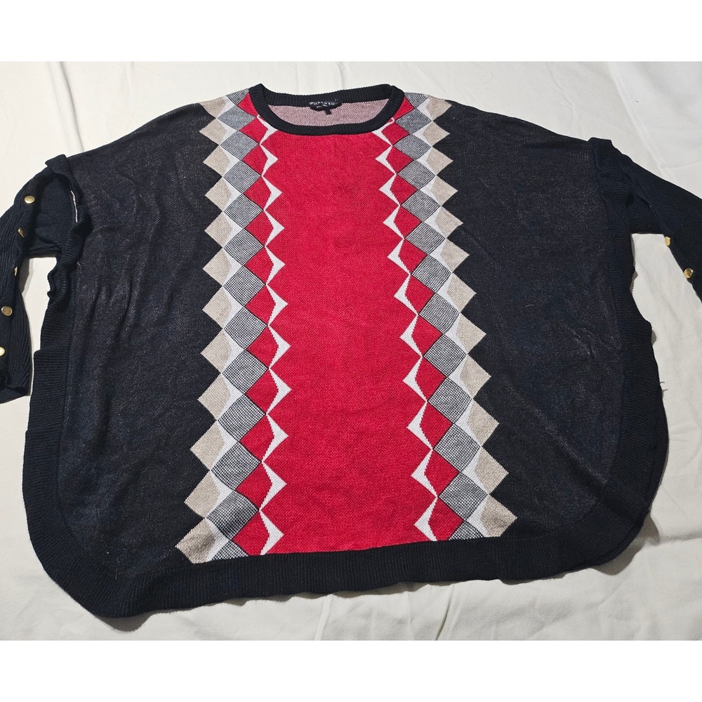 Hannah Sweater Women XL Black Red‎ Geometric Button Sleeve Knit Oversized Top